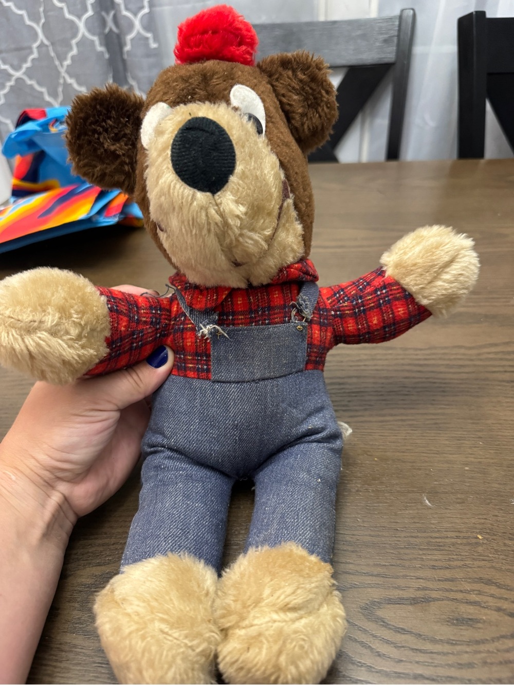 Vtg Elka Toys Brown Bear Papa Goldilocks Stuffed Animal-Overalls Plaid shirt red